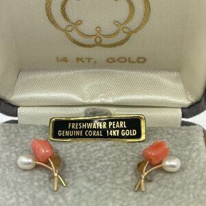 Vintage 14K Coral Pearl Stud Earrings JCPenney Fine Jewelry Floral Rose Design